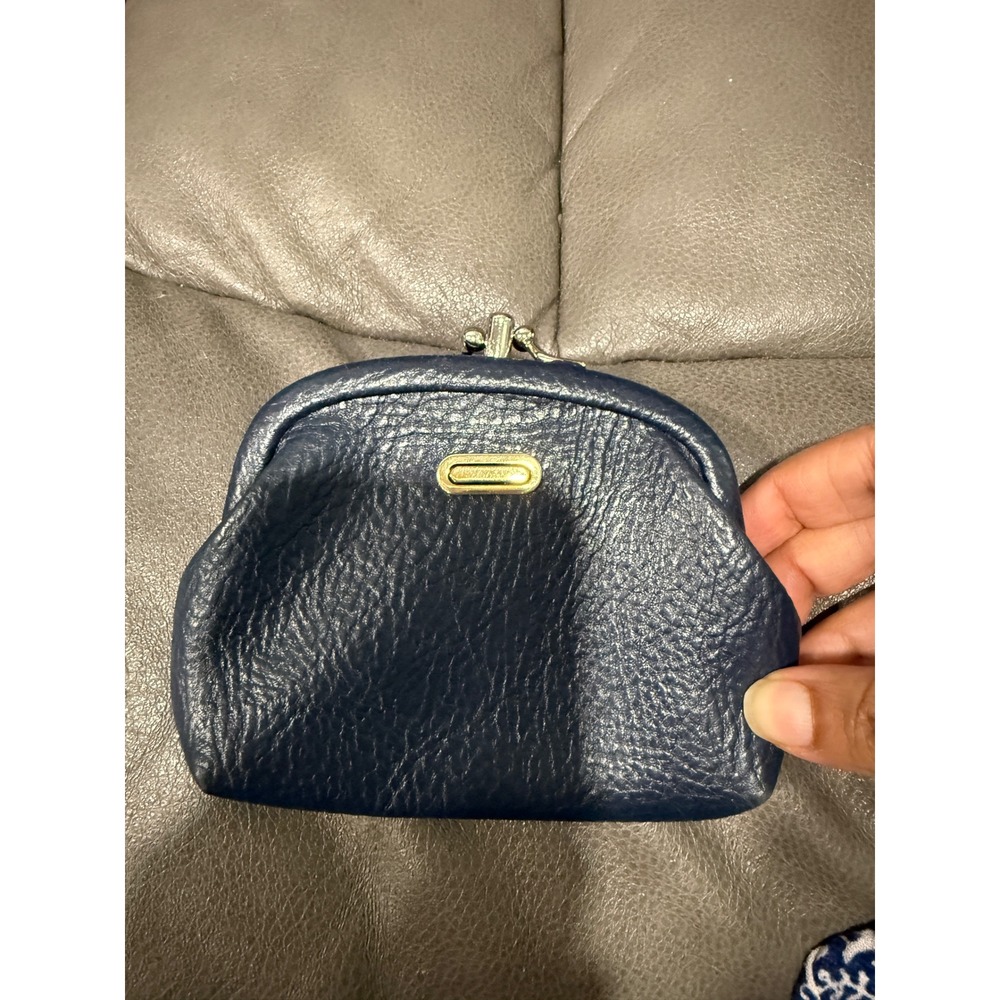 Vintage Style Navy Blue Pebbled Leather Kiss Lock Coin Purse Gold Hardware